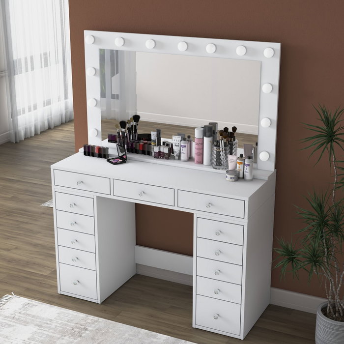 Hanah Home BJ196 - 5170 Mesa de Maquillaje Blanca con Espejo y 13 Focos
